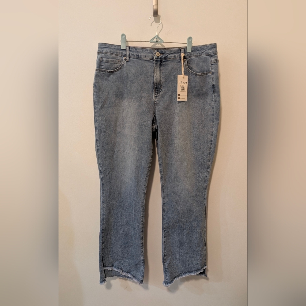 Charli B Bootcut Asymmetrical Raw Hem Light Blue Denim Jeans 30" Inseam Size 16 - Picture 2 of 10